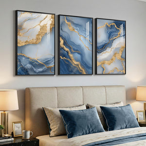 Large Framed Elegant Blue Gold White Modern Luxury Abstract Wall Art for Living Room Set of 3