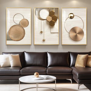 Large Framed Modern Luxury Gold Wall Art for Living Room Set of 3