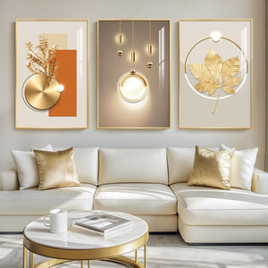 Framed Modern Luxury Gold Large Wall Art for Living Room Set of 3