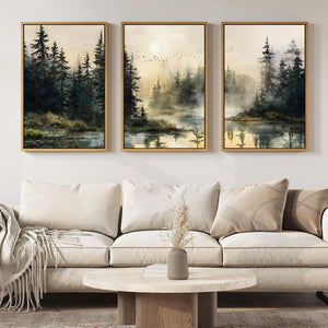 Large Framed Rustic Vintage Forest Landscape 3 Piece Wall Art for Living Room Set of 3
