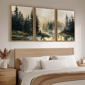 Large Framed Rustic Vintage Forest Landscape 3 Piece Wall Art for Living Room Set of 3