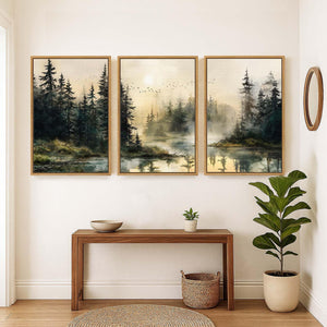 Large Framed Rustic Vintage Forest Landscape 3 Piece Wall Art for Living Room Set of 3