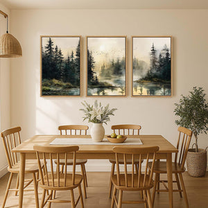 Large Framed Rustic Vintage Forest Landscape 3 Piece Wall Art for Living Room Set of 3