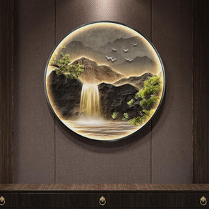 Large LED Mountain Waterfall Wall Art for Living Room, Framed Round Modern Lighted Landscape Picture Artwork for Walls