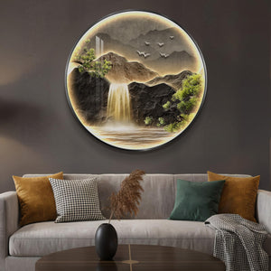Large LED Mountain Waterfall Wall Art for Living Room, Framed Round Modern Lighted Landscape Picture Artwork for Walls