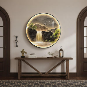 Large LED Mountain Waterfall Wall Art for Living Room, Framed Round Modern Lighted Landscape Picture Artwork for Walls