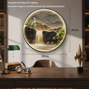 Large LED Mountain Waterfall Wall Art for Living Room, Framed Round Modern Lighted Landscape Picture Artwork for Walls
