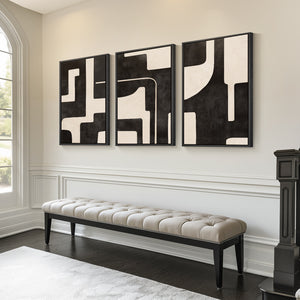 Large Framed Neutral Abstract Wall Art for Living Room, 3 Piece Black Beige Set