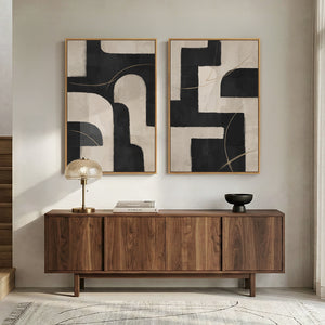 Large Framed Modern Neutral Abstract Wall Art, Set of 2 in Black and Beige