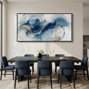 Extra Large Framed Navy Blue Abstract Wall Art, Oversized Horizontal Canvas