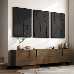 3D Textured Black Abstract Wall Art, Large Framed 3 Piece Set for Living Room