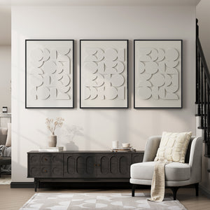Large Framed White Abstract Wall Art, 3D Textured Geometric Set of 3
