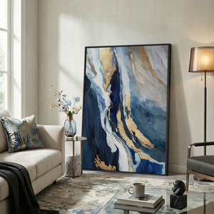 Extra Large Framed Blue Abstract Wall Art for Living Room, 40x60 Oversized Blue and Gold