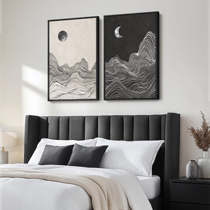 Large Framed Mountain and Moon Wall Art, Set of 2 in Black and White