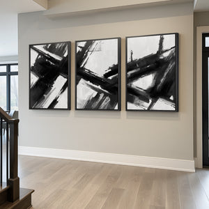 Large Framed Minimalist Brushstroke Wall Art, 3 Piece Set in Black and White