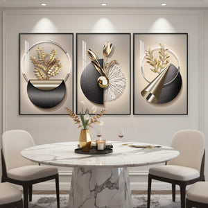 Large Framed Modern Elegant Wall Art for Living Room, 3 Piece Black and Gold Set