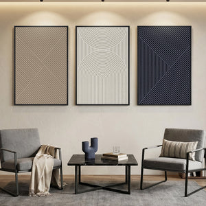 Neutral Abstract Wall Art, Large Framed 3 Piece Set in Beige and Deep Blue