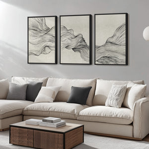 Large Framed Neutral Abstract Wall Art, 3 Piece Set in Black and Beige