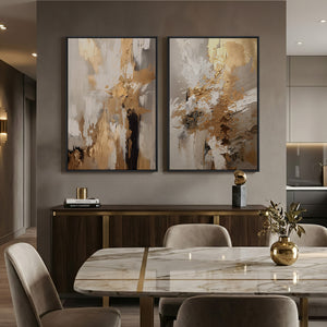 Large Framed Neutral Abstract Wall Art, 2 Piece Beige Gold Set for Living Room