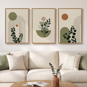 Large Framed Abstract Boho Botanical Green Modern Minimalist Wall Art for Living Room Set of 3