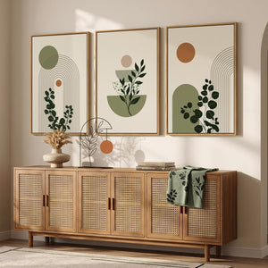 Large Framed Abstract Boho Botanical Green Modern Minimalist Wall Art for Living Room Set of 3