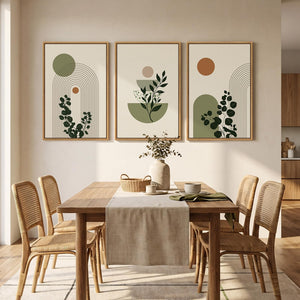 Large Framed Abstract Boho Botanical Green Modern Minimalist Wall Art for Living Room Set of 3