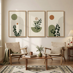 Large Framed Abstract Boho Botanical Green Modern Minimalist Wall Art for Living Room Set of 3