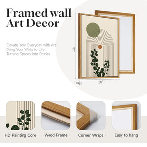 Large Framed Abstract Boho Botanical Green Modern Minimalist Wall Art for Living Room Set of 3
