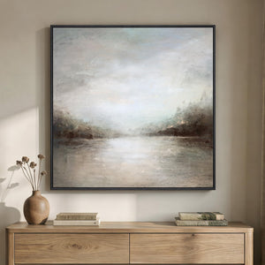 Framed Neutral Abstract  Modern Minimalist Rustic Lake Landscape Canvas Wall Art Decor