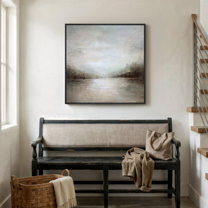 Framed Neutral Abstract  Modern Minimalist Rustic Lake Landscape Canvas Wall Art Decor