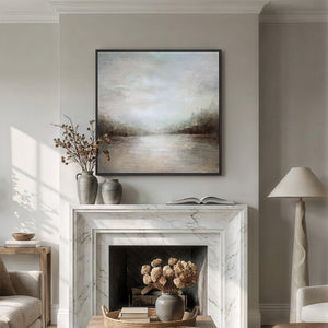 Framed Neutral Abstract  Modern Minimalist Rustic Lake Landscape Canvas Wall Art Decor