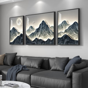 Large Framed Modern Blue Mountain Canvas Wall Art for Living Room, 3 Piece