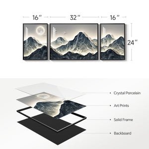 Large Framed Modern Blue Mountain Canvas Wall Art for Living Room, 3 Piece