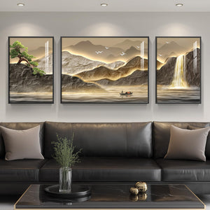 Large Framed Modern Gold Luxury Mountain Wall Art for Living Room Set of 3