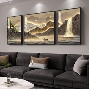 Large Framed Modern Gold Luxury Mountain Wall Art for Living Room Set of 3