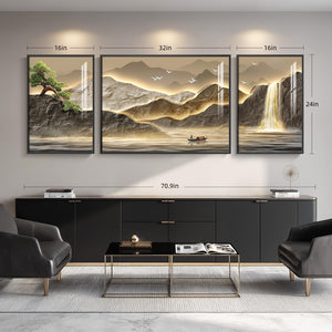 Large Framed Modern Gold Luxury Mountain Wall Art for Living Room Set of 3