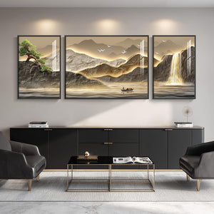 Large Framed Modern Gold Luxury Mountain Wall Art for Living Room Set of 3