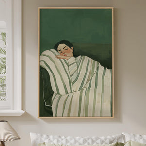 Large Framed Modern Cozy Woman Green Calming Wall Art Dorm Bedroom