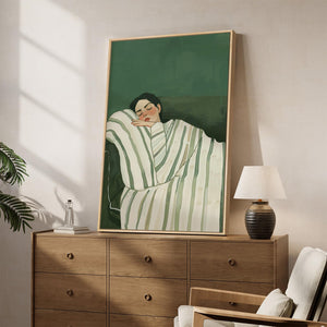 Large Framed Modern Cozy Woman Green Calming Wall Art Dorm Bedroom