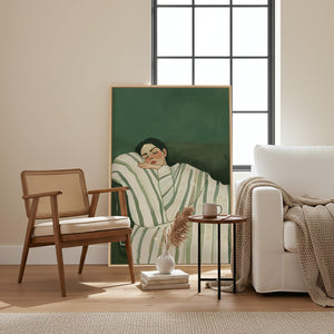 Large Framed Modern Cozy Woman Green Calming Wall Art Dorm Bedroom