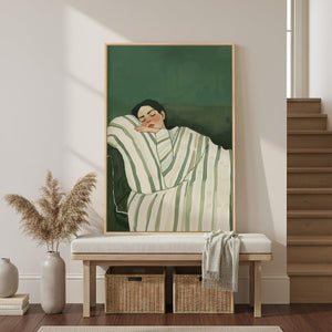 Large Framed Modern Cozy Woman Green Calming Wall Art Dorm Bedroom