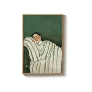 Large Framed Modern Cozy Woman Green Calming Wall Art Dorm Bedroom