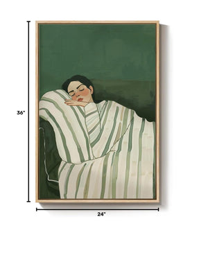 Large Framed Modern Cozy Woman Green Calming Wall Art Dorm Bedroom