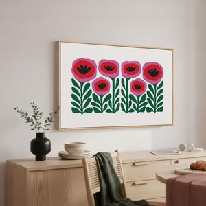 Large Framed Botanical Pink Boho Floral Wall Art Abstract Flower Painting for Dining Room