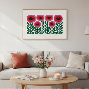Large Framed Botanical Pink Boho Floral Wall Art Abstract Flower Painting for Dining Room