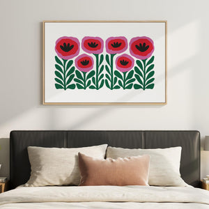 Large Framed Botanical Pink Boho Floral Wall Art Abstract Flower Painting for Dining Room