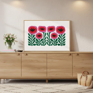 Large Framed Botanical Pink Boho Floral Wall Art Abstract Flower Painting for Dining Room