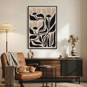 Framed Boho Neutral Abstract Floral Vertical Wall Art Mid Century Modern Artwork for Living Room