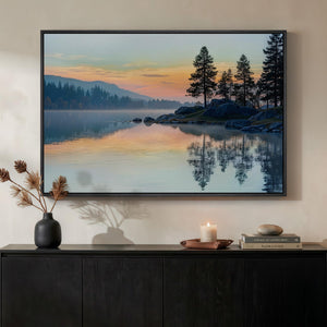Framed Sunset Mountain Lake Landscape Wall Art Horizontal Canvas Print for Living Room