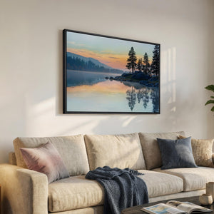 Framed Sunset Mountain Lake Landscape Wall Art Horizontal Canvas Print for Living Room